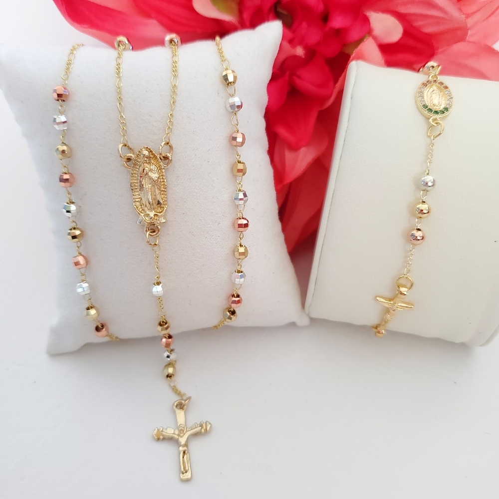 Tri Color Virgen of Guadalupe Figure Gold Plated Rosary & Bracelet